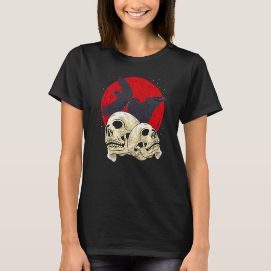 Spooky Skull Creepy Skeleton Head Crow Gothic Bird T-shirt (Voorkant)