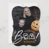 Spooky Skull en Ghost Boo. Script Halloween-foto Feestdagenkaart (Voorkant)