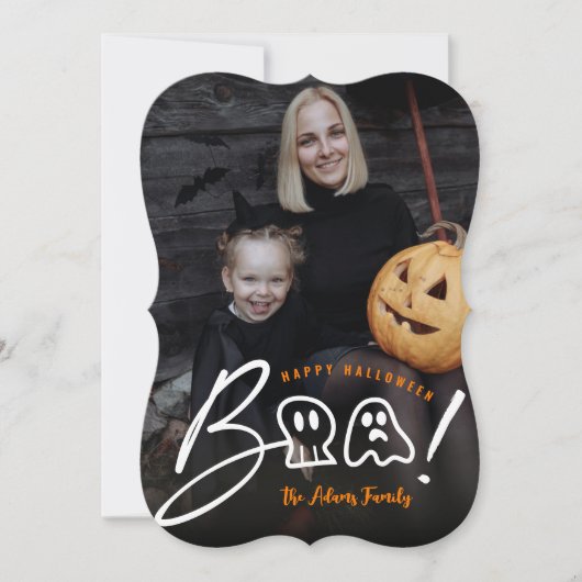 Spooky Skull en Ghost Boo. Script Halloween-foto Feestdagenkaart (Voorkant)