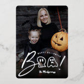 Spooky Skull en Ghost Boo. Script Halloween-foto Folie Feestdagenkaart (Voorkant)