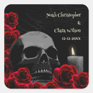 Spooky Skull en Red Roses Gothic Halloween Wedding Vierkante Sticker