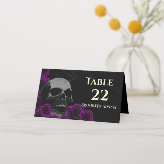 Spooky Skull Paarse Rozen Gothic Halloween Weddin Plaatskaartje (Voorkant)
