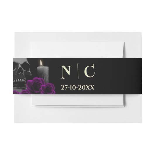 Spooky Skull Paarse Rozen Halloween Wedding Belly Uitnodigingen Wikkel (Voorkant Voorbeeld)