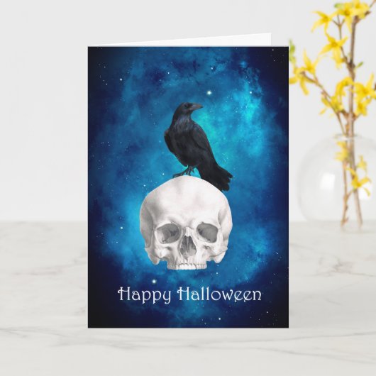 Spooky Skull Raven Happy Halloween Kaart (Gele Bloem)