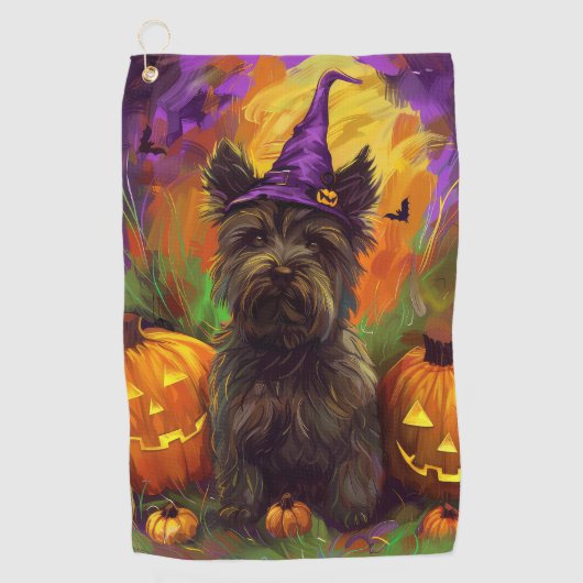 Spooky Skye Terrier Hond Halloween Heksenpompoen Golfhanddoek (Voorkant)