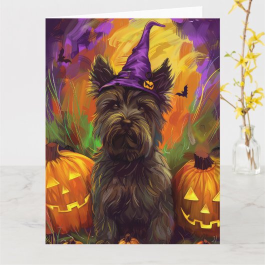 Spooky Skye Terrier Hond Halloween Heksenpompoen Kaart (Gele Bloem)