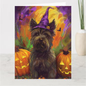 Spooky Skye Terrier Hond Halloween Heksenpompoen Kaart (Voorkant)