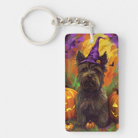 Spooky Skye Terrier Hond Halloween Heksenpompoen Sleutelhanger (Voorkant)