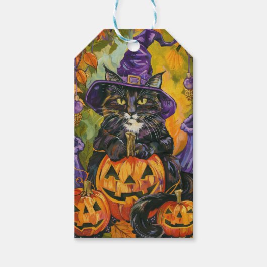 Spooky smoking kat Halloween heks en pompoen Cadeaulabel (Voorkant)