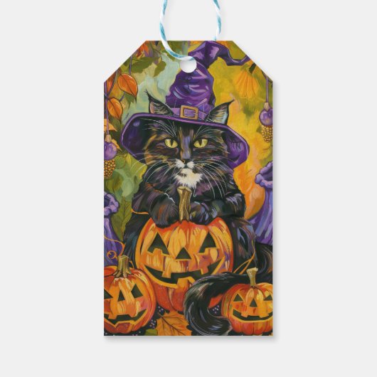 Spooky smoking kat Halloween heks en pompoen Cadeaulabel (Achterkant)
