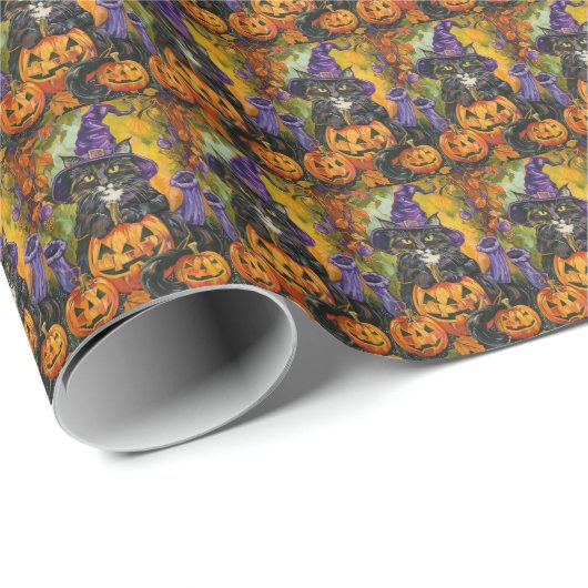 Spooky smoking kat Halloween heks en pompoen Cadeaupapier (Rol Hoek)