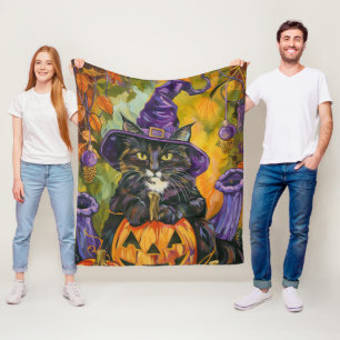 Spooky smoking kat Halloween heks en pompoen Fleece Deken