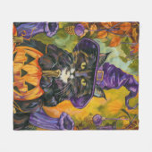 Spooky smoking kat Halloween heks en pompoen Fleece Deken (Voorkant (Horizontaal))