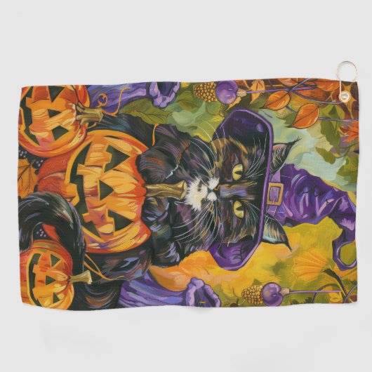 Spooky smoking kat Halloween heks en pompoen Golfhanddoek (Horizontaal)