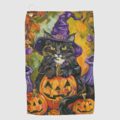 Spooky smoking kat Halloween heks en pompoen Golfhanddoek (Voorkant)