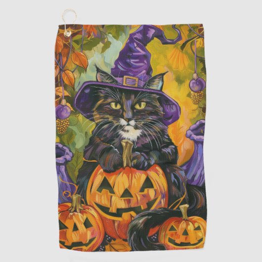 Spooky smoking kat Halloween heks en pompoen Golfhanddoek (Voorkant)