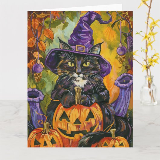 Spooky smoking kat Halloween heks en pompoen Kaart (Gele Bloem)