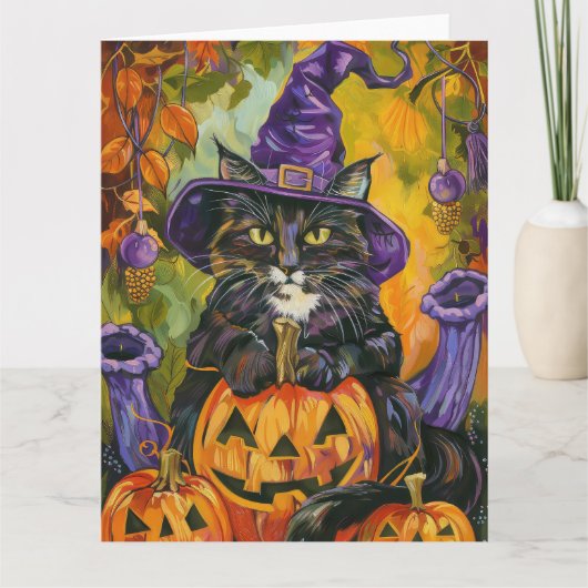 Spooky smoking kat Halloween heks en pompoen Kaart (Voorkant)