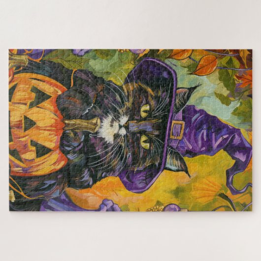 Spooky smoking kat Halloween heks en pompoen Legpuzzel (Horizontaal)