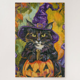 Spooky smoking kat Halloween heks en pompoen Legpuzzel