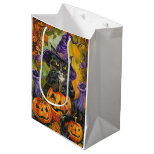 Spooky smoking kat Halloween heks en pompoen Medium Cadeauzakje