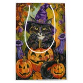 Spooky smoking kat Halloween heks en pompoen Medium Cadeauzakje (Voorkant)