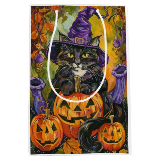 Spooky smoking kat Halloween heks en pompoen Medium Cadeauzakje (Voorkant)