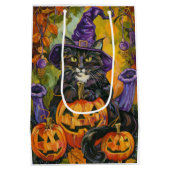 Spooky smoking kat Halloween heks en pompoen Medium Cadeauzakje (Achterkant)