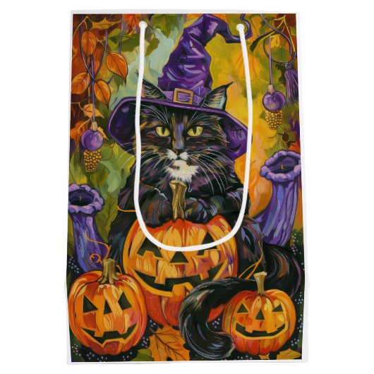 Spooky smoking kat Halloween heks en pompoen Medium Cadeauzakje (Achterkant)