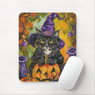 Spooky smoking kat Halloween heks en pompoen Muismat