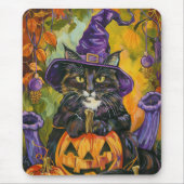 Spooky smoking kat Halloween heks en pompoen Muismat (Voorkant)