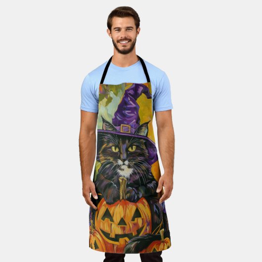 Spooky smoking kat Halloween heks en pompoen Schort (Gedragen)