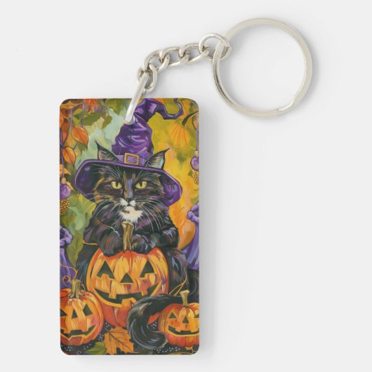 Spooky smoking kat Halloween heks en pompoen Sleutelhanger (achterkant)