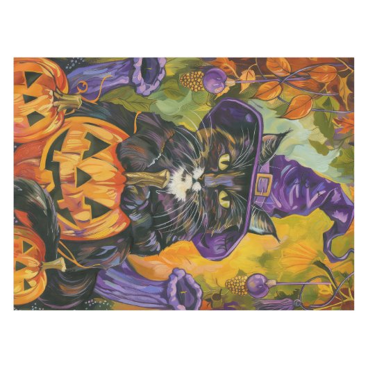 Spooky smoking kat Halloween heks en pompoen Tafelkleed (Voorkant (Horizontaal))