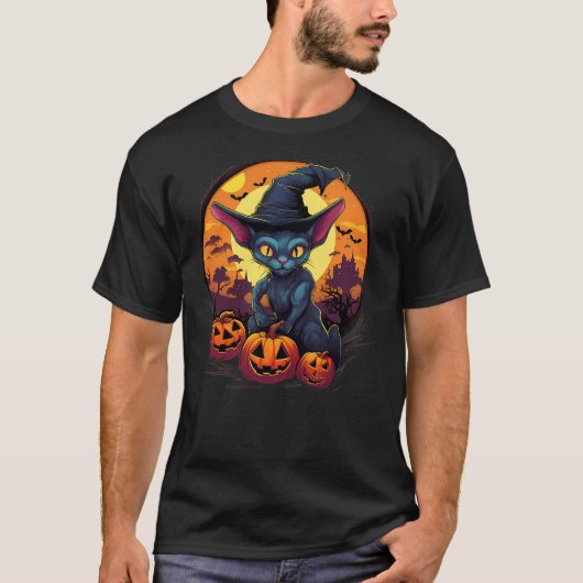 Spooky Sphynx Cat Witch Halloween T-shirt (Voorkant)