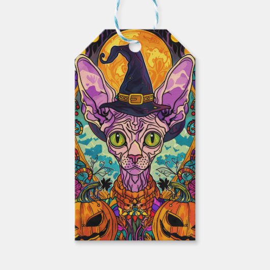 Spooky Sphynx kat Halloween heks en pompoen Cadeaulabel (Voorkant)