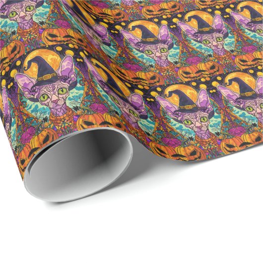 Spooky Sphynx kat Halloween heks en pompoen Cadeaupapier (Rol Hoek)