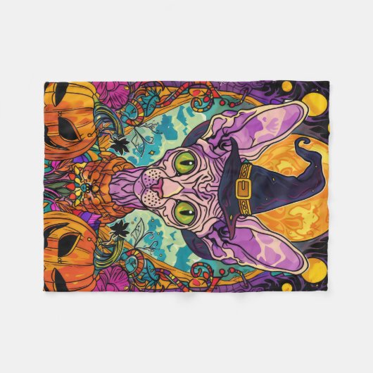 Spooky Sphynx kat Halloween heks en pompoen Fleece Deken (Voorkant (Horizontaal))