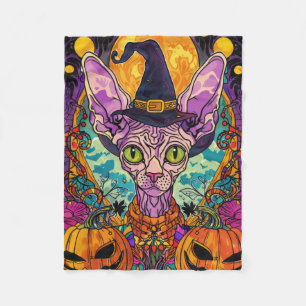 Spooky Sphynx kat Halloween heks en pompoen Fleece Deken