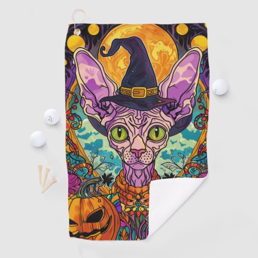 Spooky Sphynx kat Halloween heks en pompoen Golfhanddoek (Insitu)
