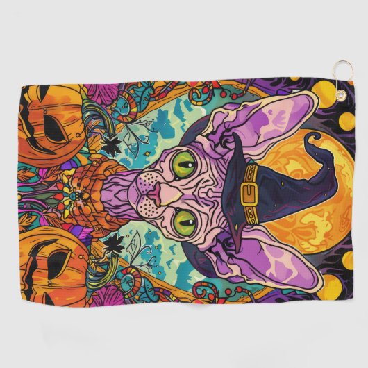 Spooky Sphynx kat Halloween heks en pompoen Golfhanddoek (Horizontaal)