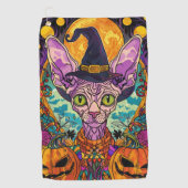 Spooky Sphynx kat Halloween heks en pompoen Golfhanddoek (Voorkant)