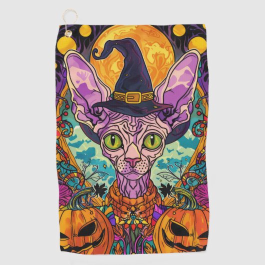 Spooky Sphynx kat Halloween heks en pompoen Golfhanddoek (Voorkant)