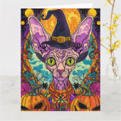 Spooky Sphynx kat Halloween heks en pompoen Kaart (Gele Bloem)