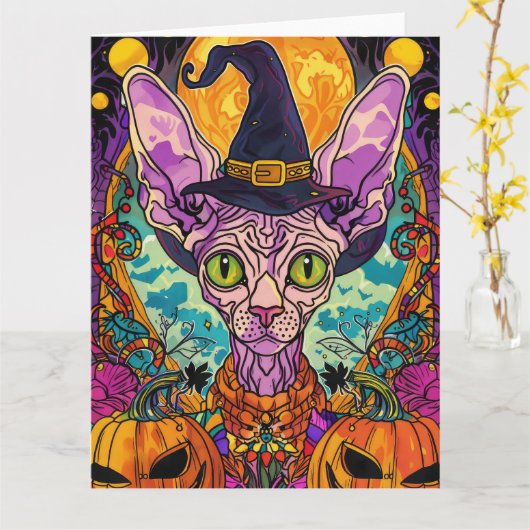 Spooky Sphynx kat Halloween heks en pompoen Kaart (Gele Bloem)
