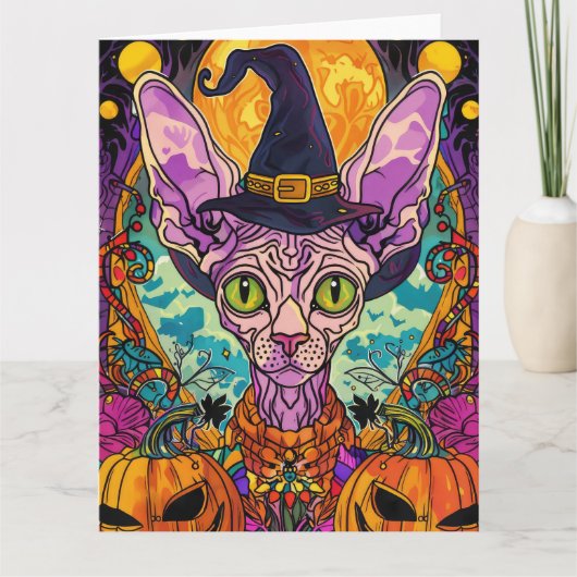 Spooky Sphynx kat Halloween heks en pompoen Kaart