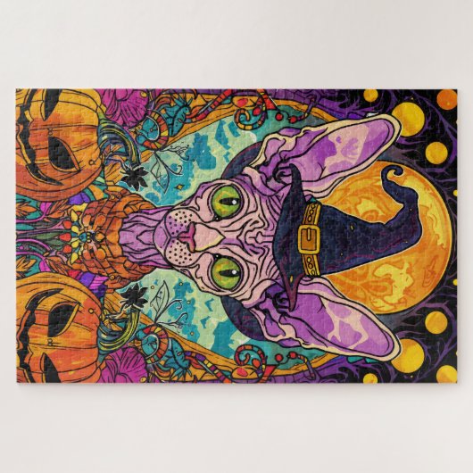 Spooky Sphynx kat Halloween heks en pompoen Legpuzzel (Horizontaal)