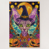 Spooky Sphynx kat Halloween heks en pompoen Legpuzzel (Verticaal)