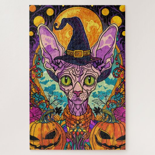 Spooky Sphynx kat Halloween heks en pompoen Legpuzzel (Verticaal)