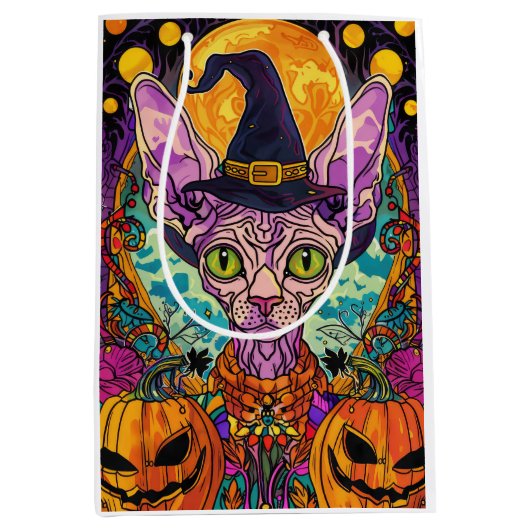 Spooky Sphynx kat Halloween heks en pompoen Medium Cadeauzakje (Voorkant)